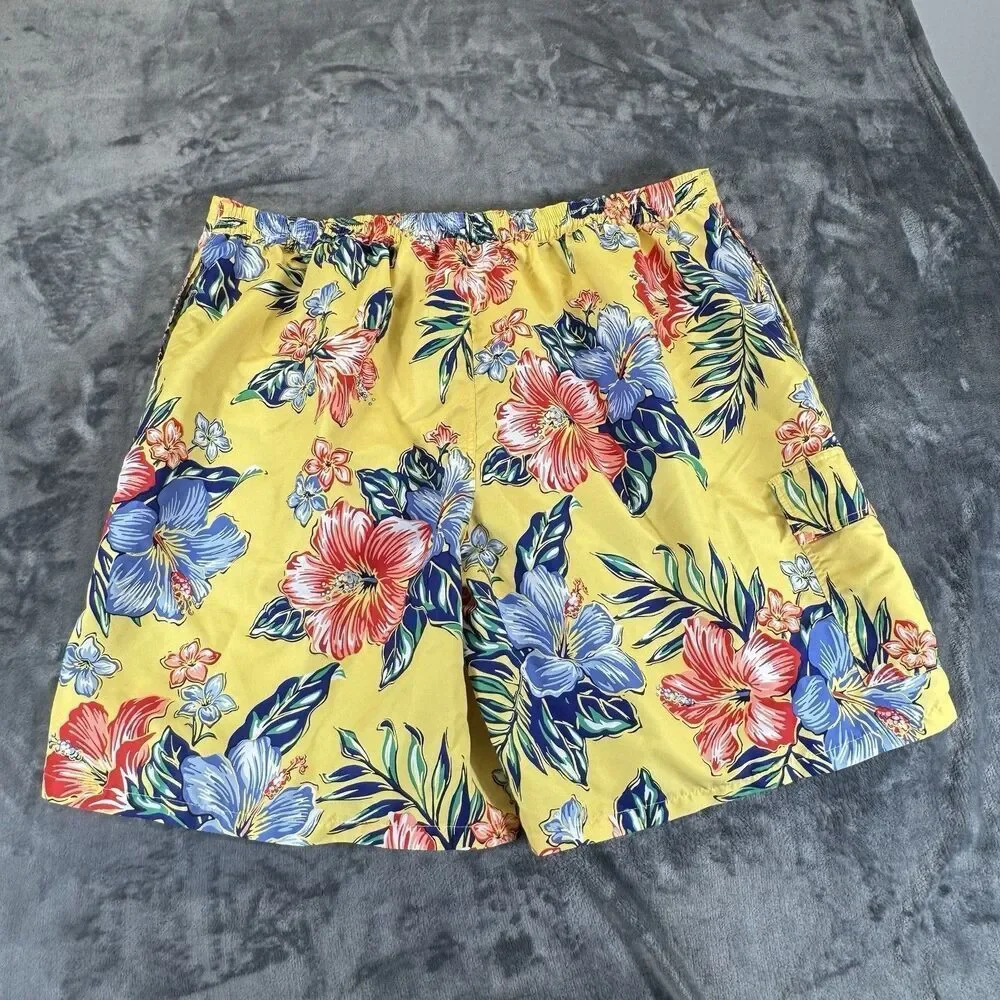 Polo Ralph Lauren Sz 4XL Tall Floral Hibiscus Yellow Hawaiian Swim Trunks Pocket